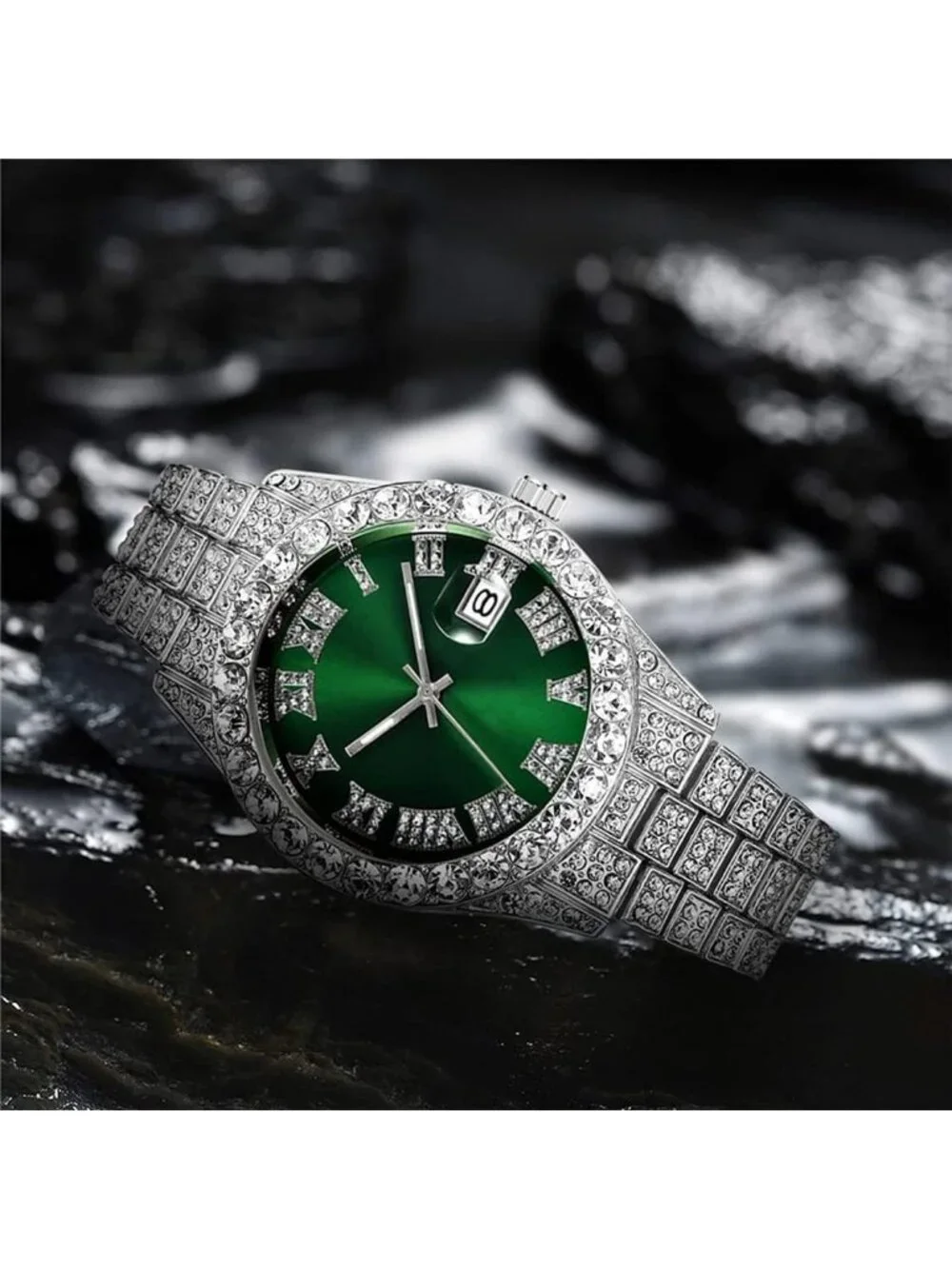 Men Silver Green Analog Crystal Rhinestone Diamond Iced-Out Bracelet Wrist Watch